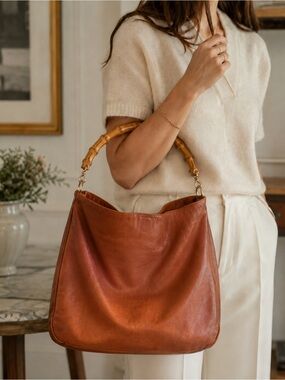 Vintage Gucci Bamboo Leather Shoulder Bag Brown Cognac Hobo Tote